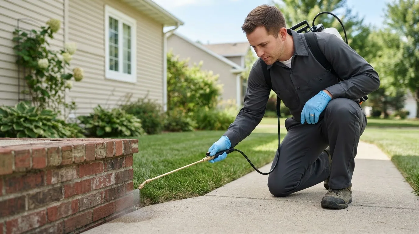 Pest control technician treating a home near La Crosse, KS