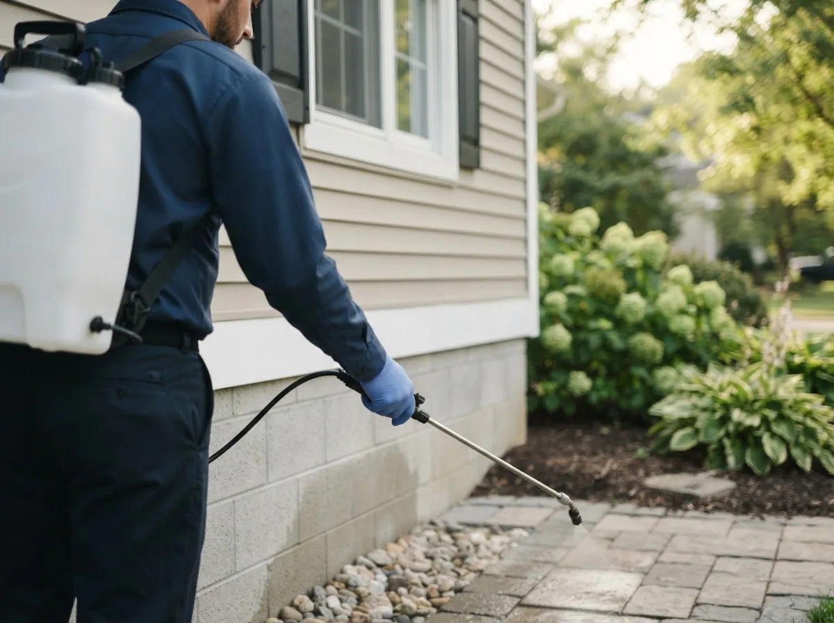 Pest control technician inspecting a home in La Crosse, KS